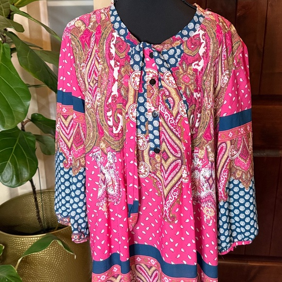 Reborn sheer pink and blue paisley print, bohemian-style tunic size XL - Picture 2 of 16